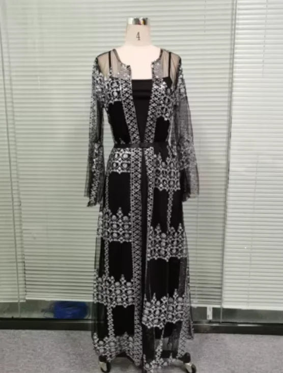 Luxury Embroidery Lace Sequin Abaya Two-Piece Set