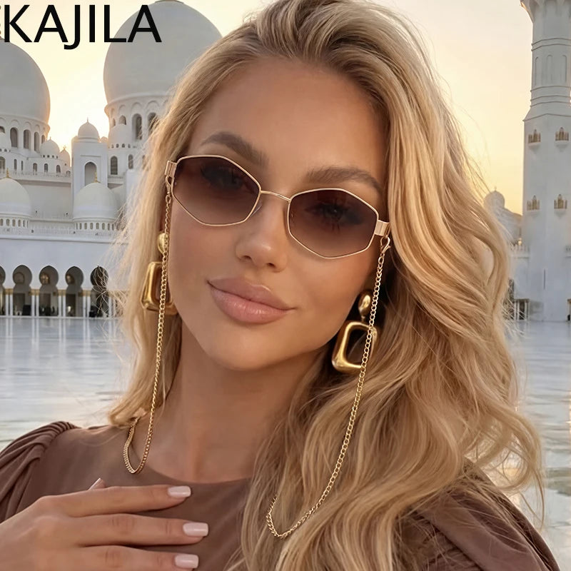 Sexy Small Frame Hexagon Sunglasses Women With Chain 2026 Luxury Brand Designer Punk Sun Glasses For Ladies Shades Gafas De Sol