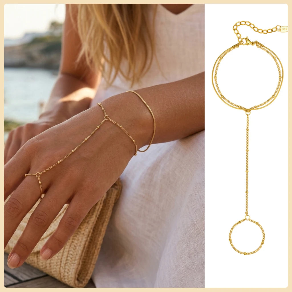 Gold Double Layer Hand Chain Ring Bracelet