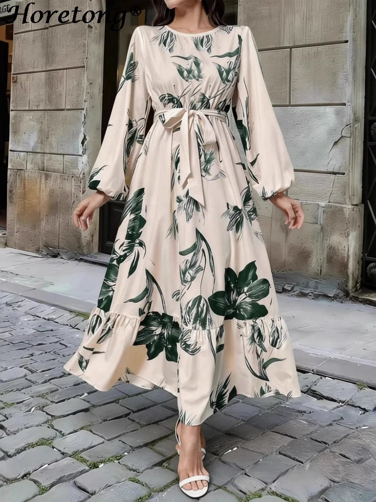 Floral Print Round Neck Ruffle Hem Modest Maxi Dress