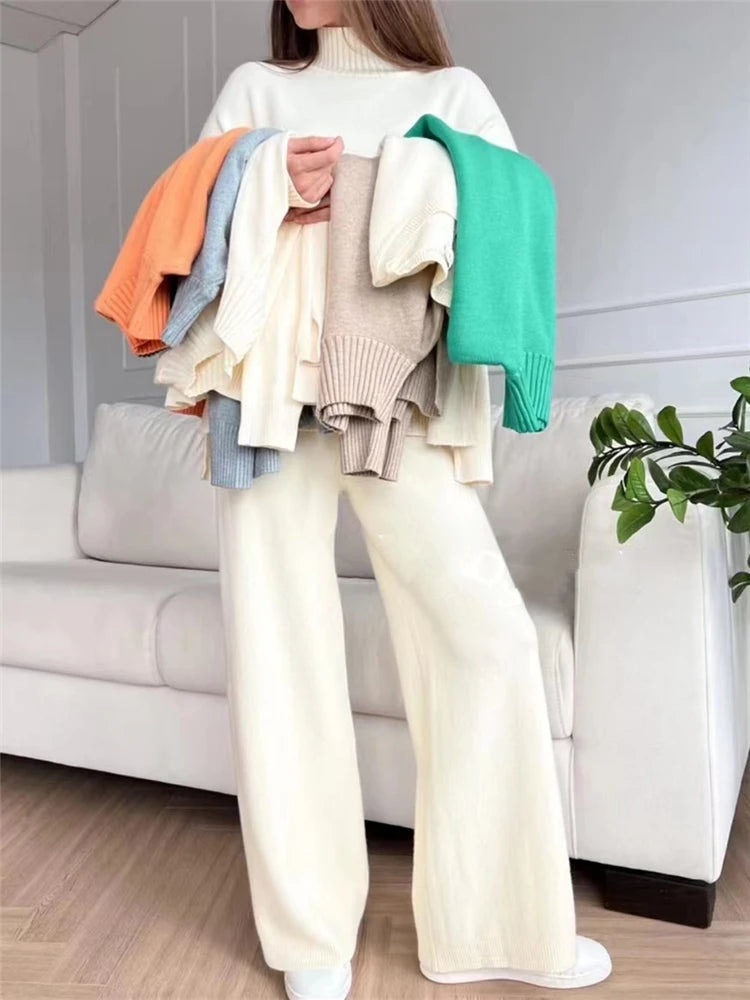 Women's Knit 2-Piece Set – High-Waist Wide-Leg Pants