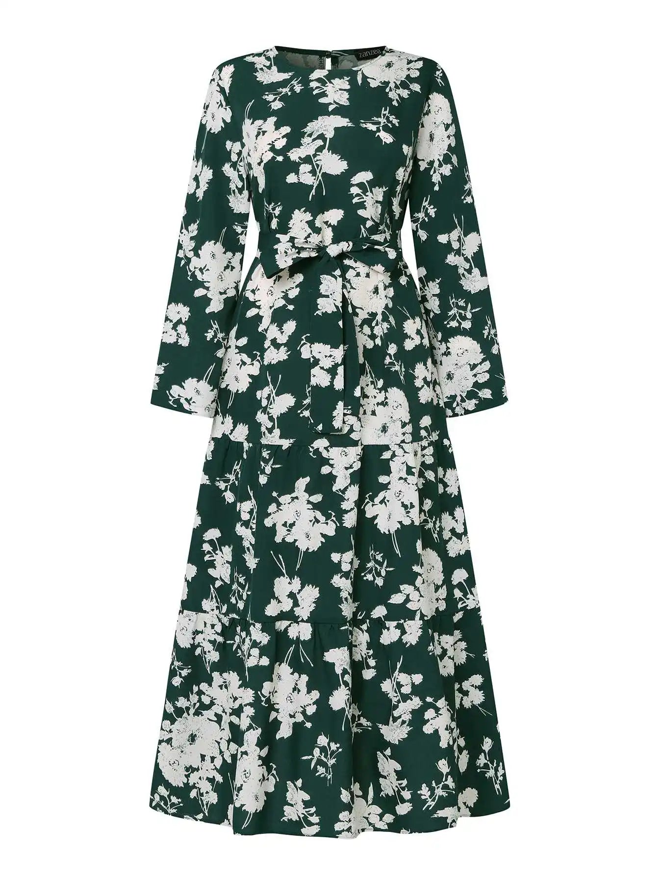 Floral Bohemian Tiered Belted Abaya Maxi Dress