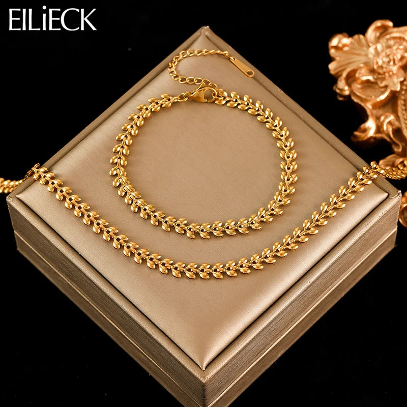 EILIECK 316L Stainless Steel Metal Gold Color Wheat Chain Necklace Bracelets Set For Women Trendy Waterproof Jewelry Lady Gift