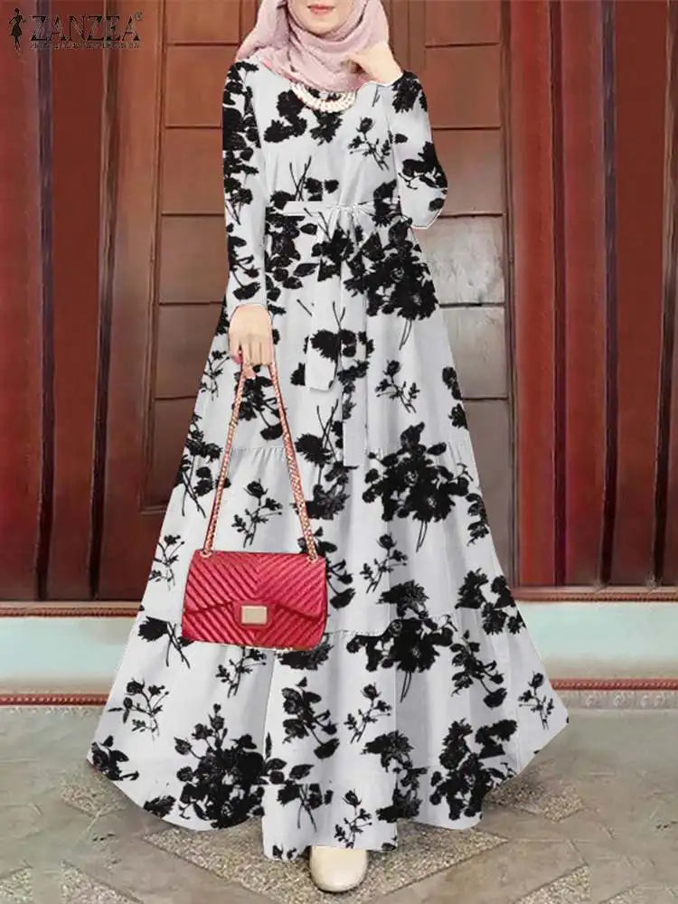 Floral Bohemian Tiered Belted Abaya Maxi Dress