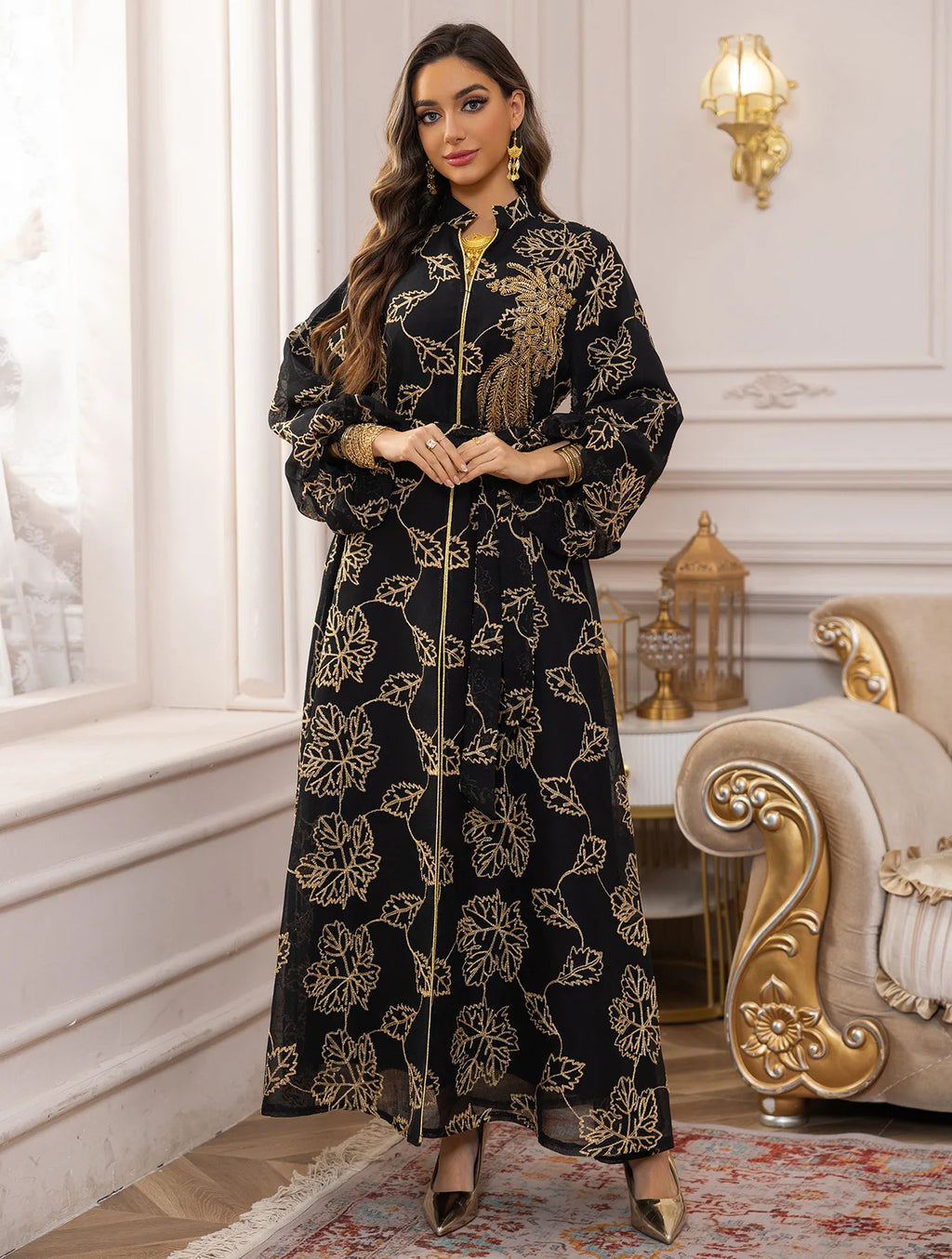 White Gold Floral Embroidered Belted Abaya