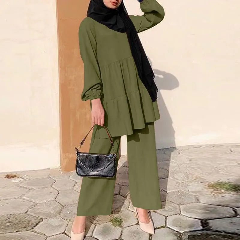 Ensembles Muslim Two Piece Set Women Blouse Wide Leg Pants Suit Ramadan Eid Morocco Dubai Islam Arabic Modest Saudi Outfits