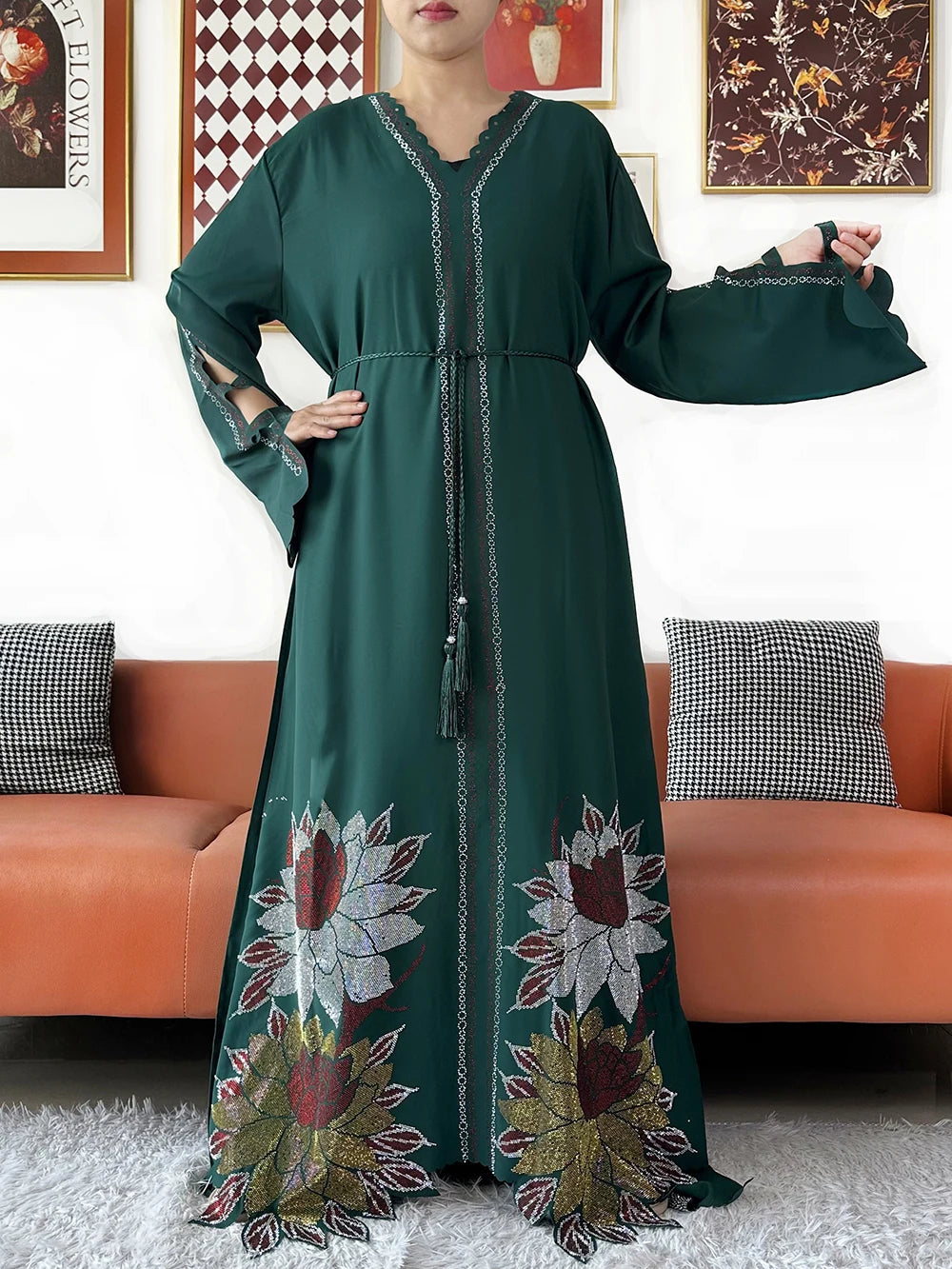 Chiffon Diamond Long Sleeve Abaya Dress