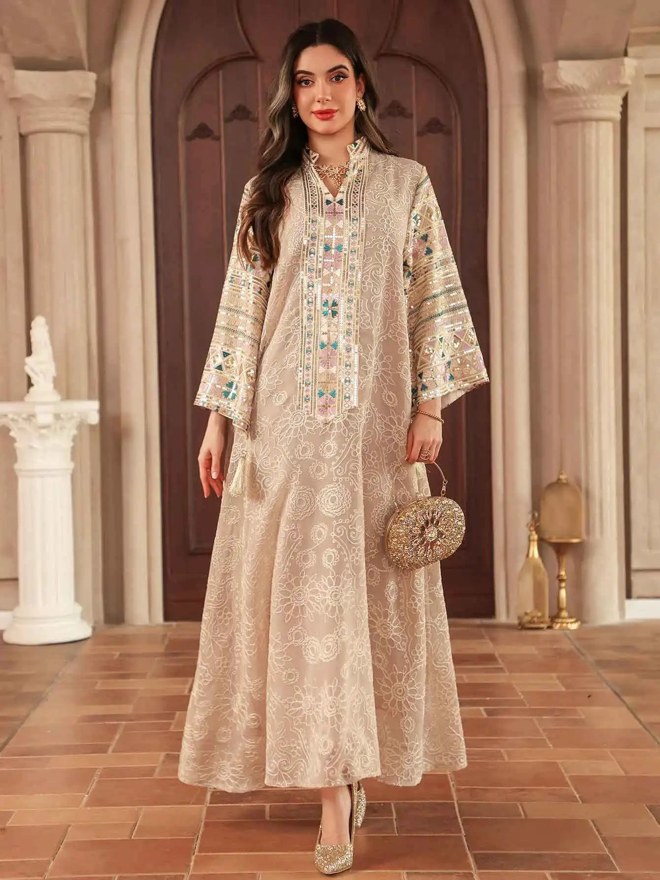 Multicolour Embroidered Sequin Beige Abaya