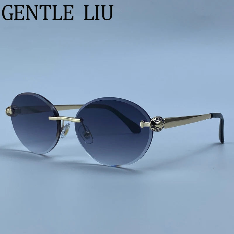 Steampunk Oval Rimless Sunglasses Women 2026 Luxury Brand Vintage Leopard Head Metal Frame Sun Glasses For Lady Driving Eyewear
