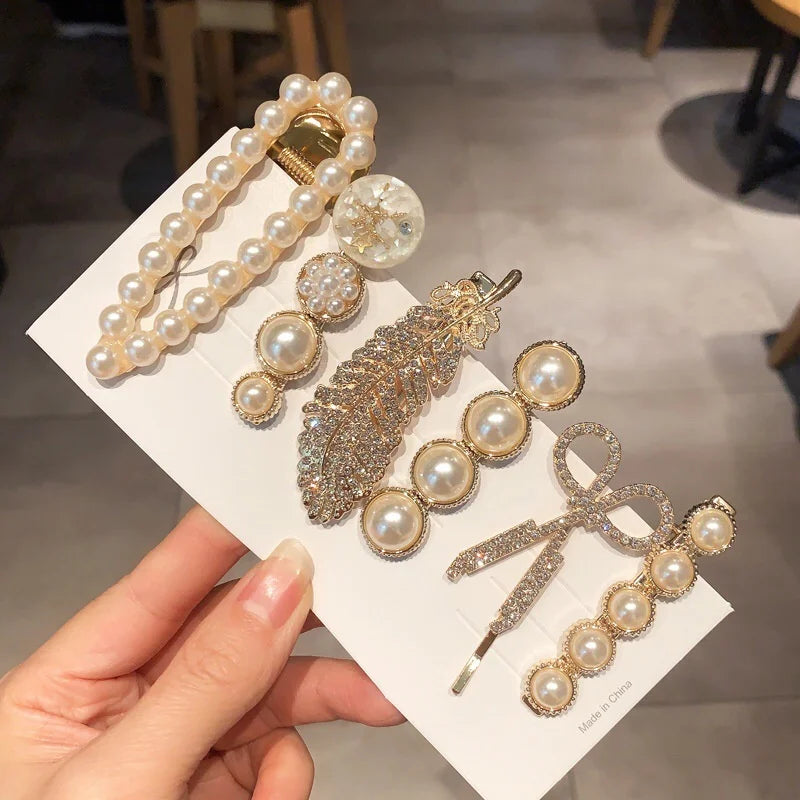 Handmade Pearl & Rhinestone Flower Hair Clips Set
