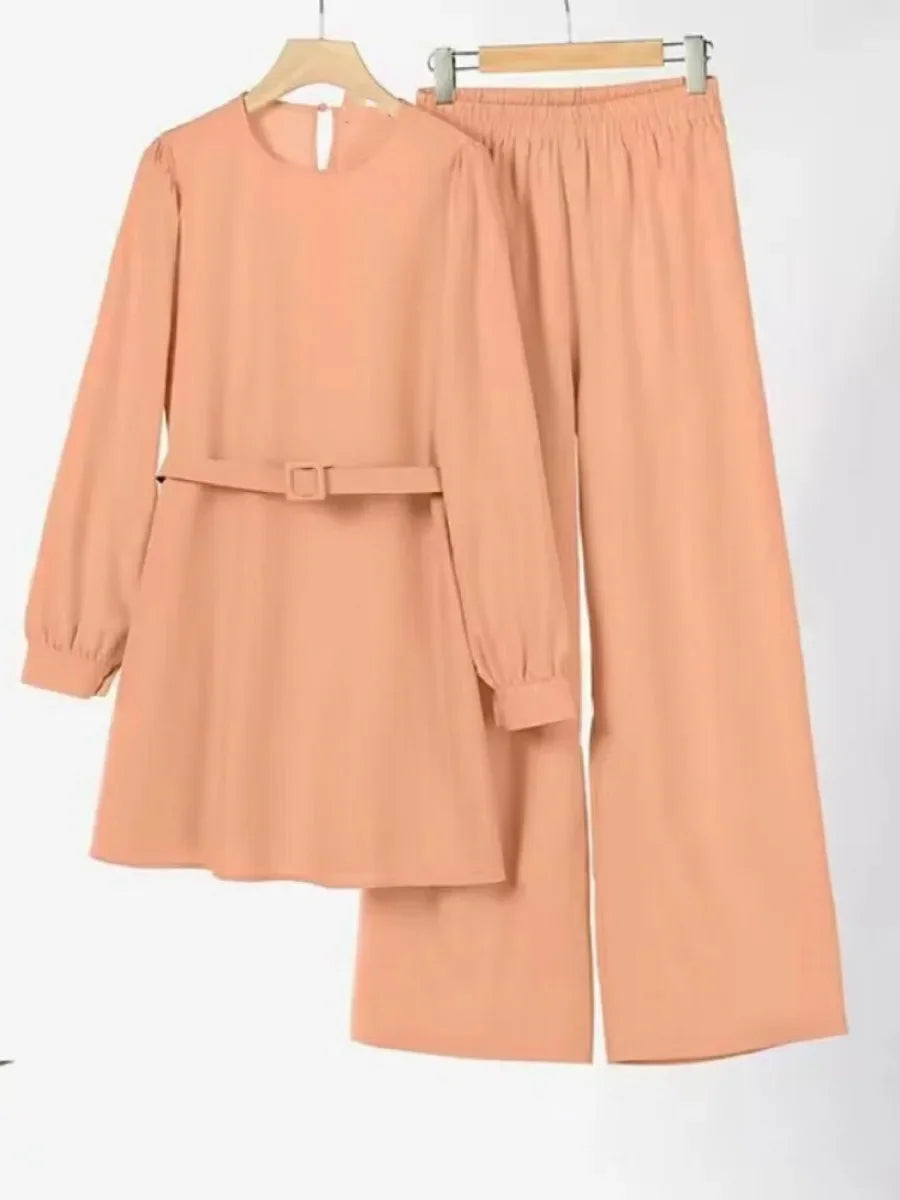 Lace-Up Blouse & Wide Leg Pants Abaya Set