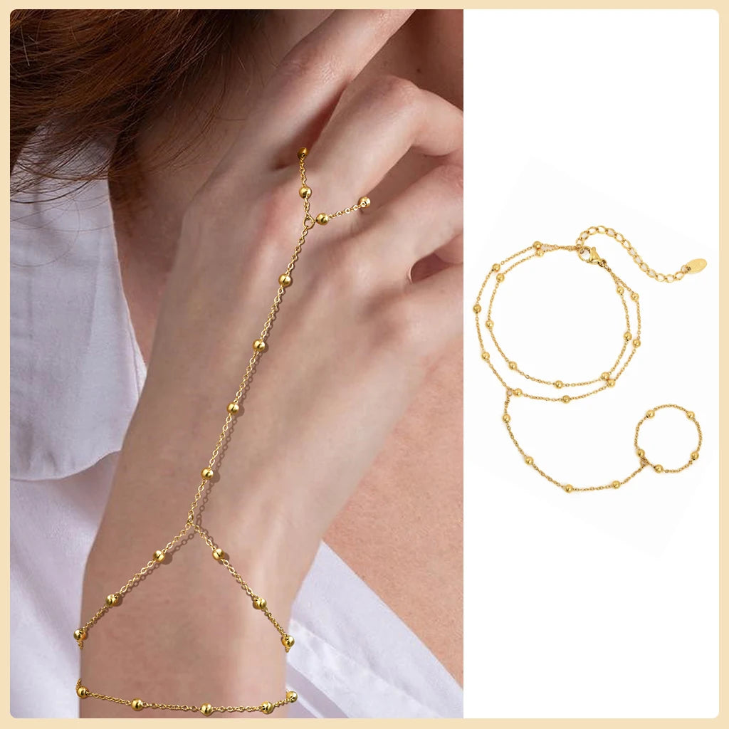 Gold Double Layer Hand Chain Ring Bracelet