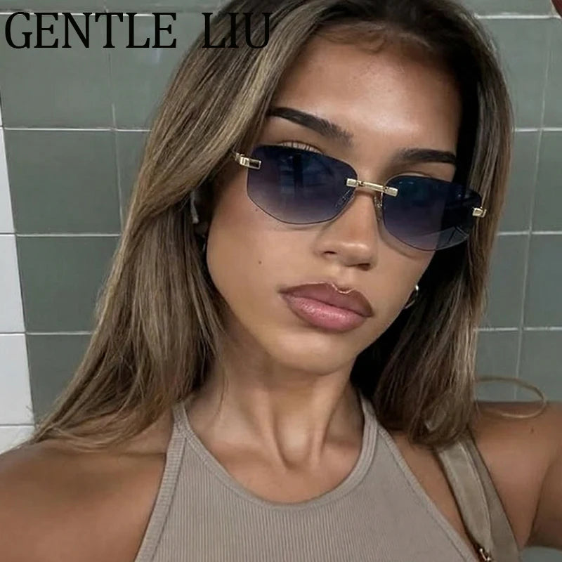 Steampunk Rimless Polygon Sunglasses Women 2026 Luxury Brand Classic Geometric Sun Glasses Metal Driving Fashion Eyewear Shades