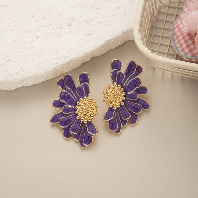White Pink Metal Petal Flower Stud Earrings