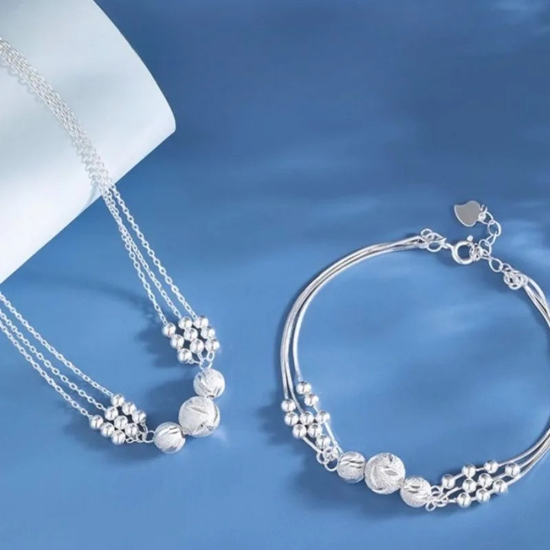 925 Sterling Silver Multi-Layer Beads Necklace & Bracelet Set