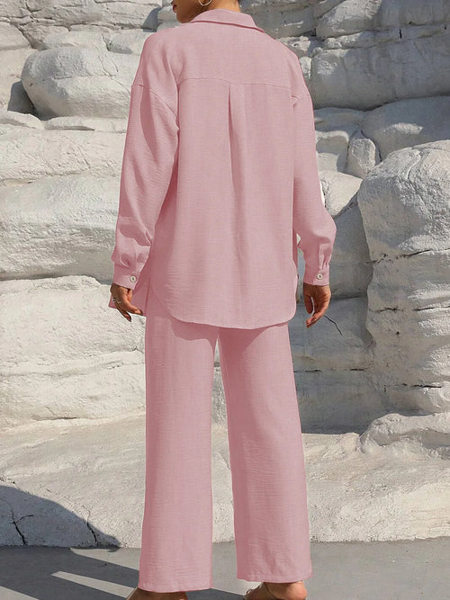 Button Shirt & Wide Leg Pants Two-Piece Set