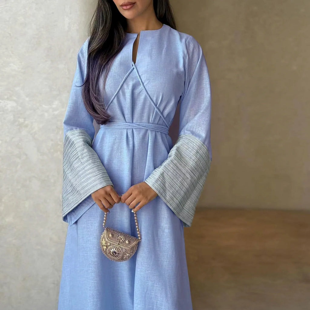 Palestine Embroidery Belted Linen Abaya