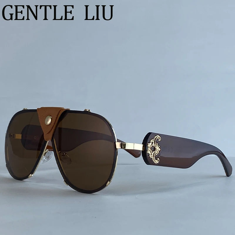 Vintage Oversized Steampunk Pilot Oval Sunglasses 2026 Luxury Brand Shield Sunglass Trendy Goggle Driving Eyewear Shades UV400