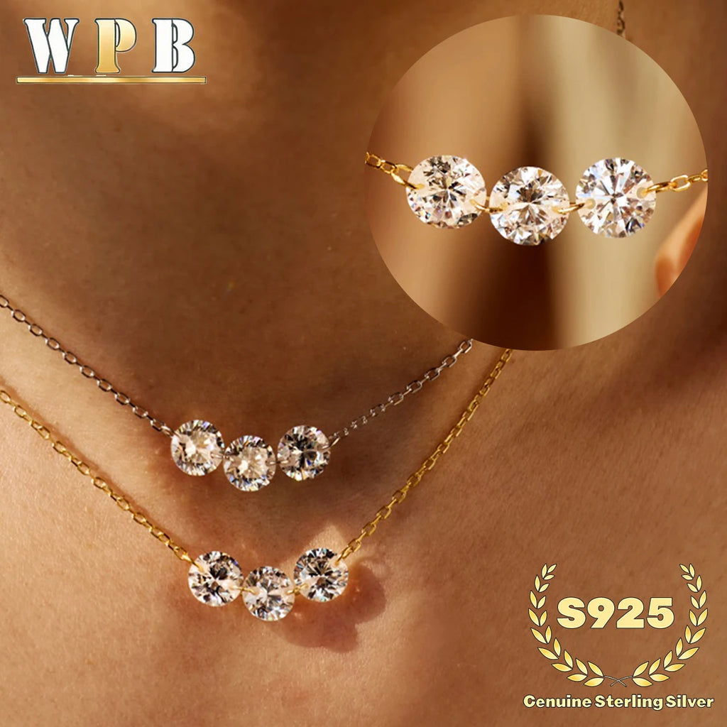 S925 Silver Triple Zircon Sliding Necklace