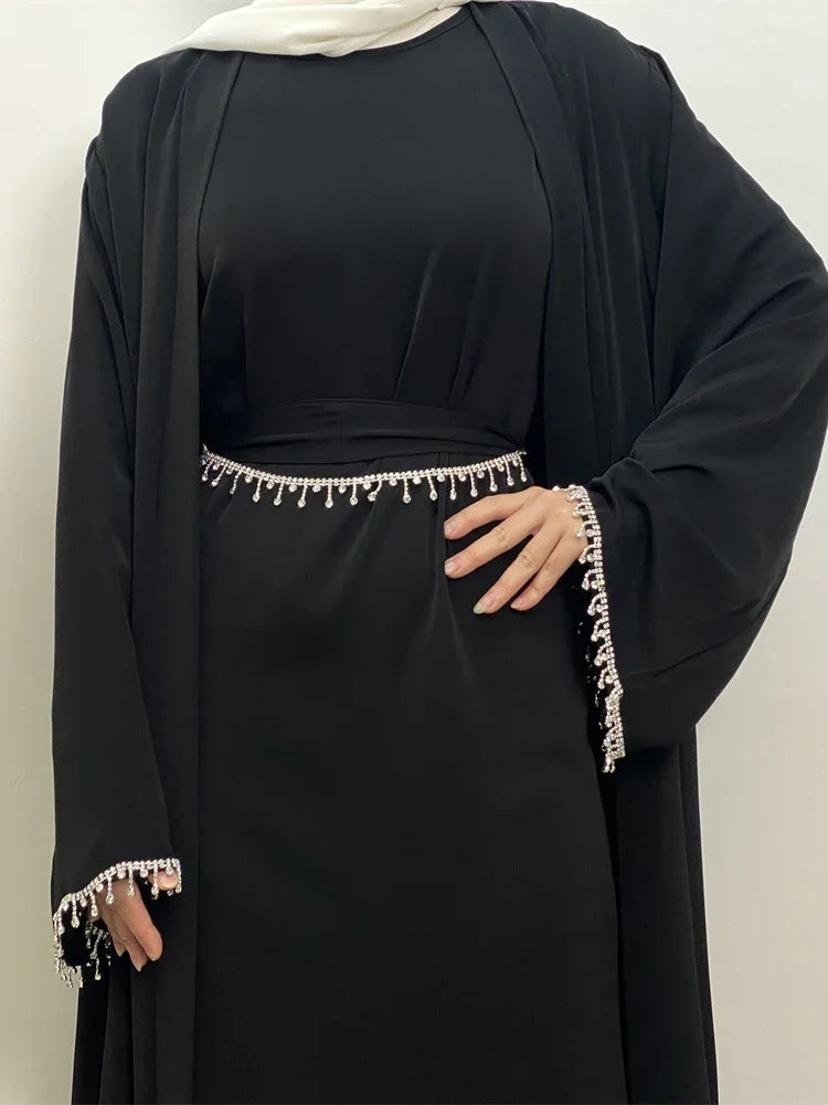 Crystal Chain Nida Black Abaya Evening Dress Set