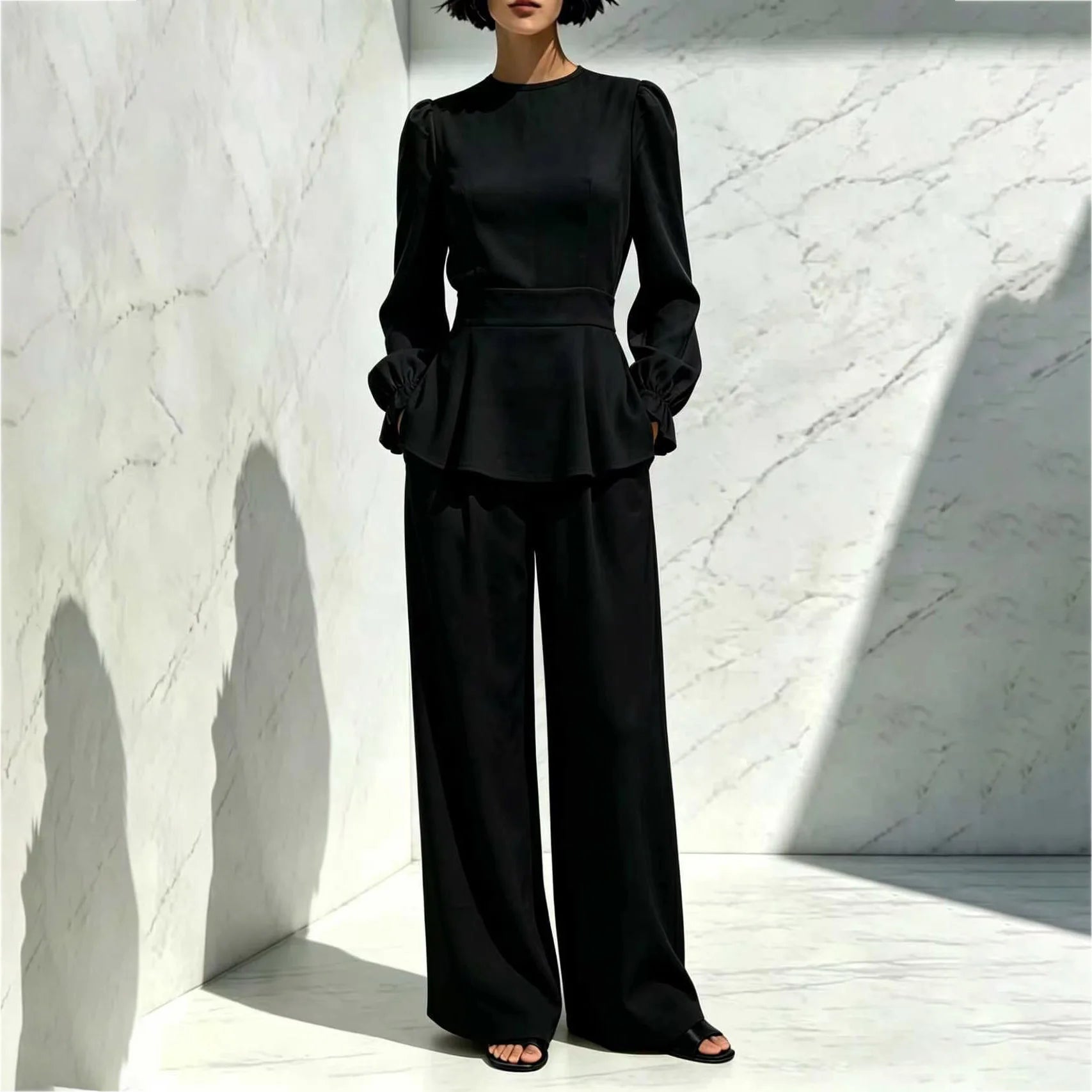 Women spring autumn Elegant 2 Piece Set Round Neck Long Puff Sleeve Flared Hem Top High Waist Wide Leg Pants Office casual Suit