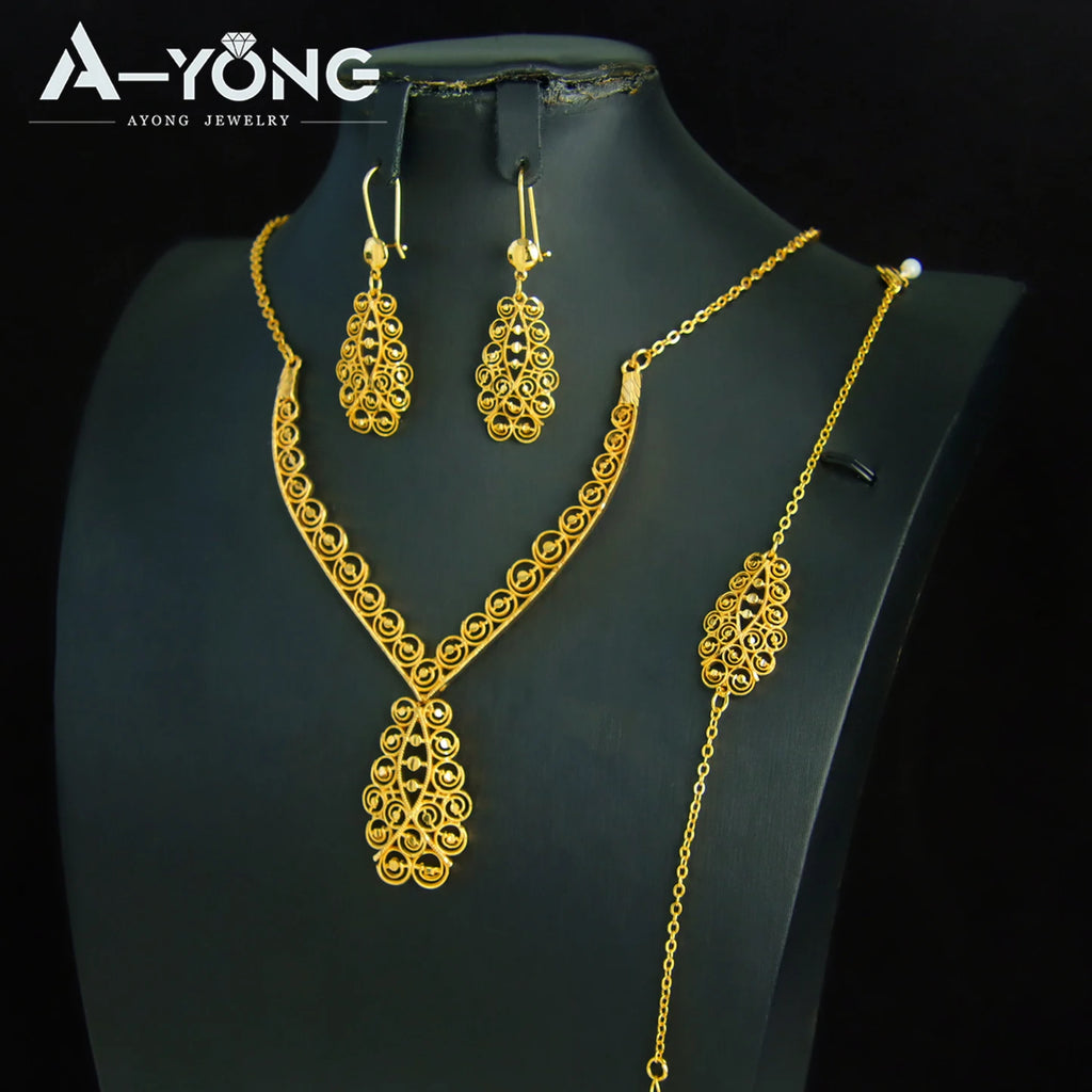 Dubai Wedding Gold Necklace Bracelet & Earrings Set