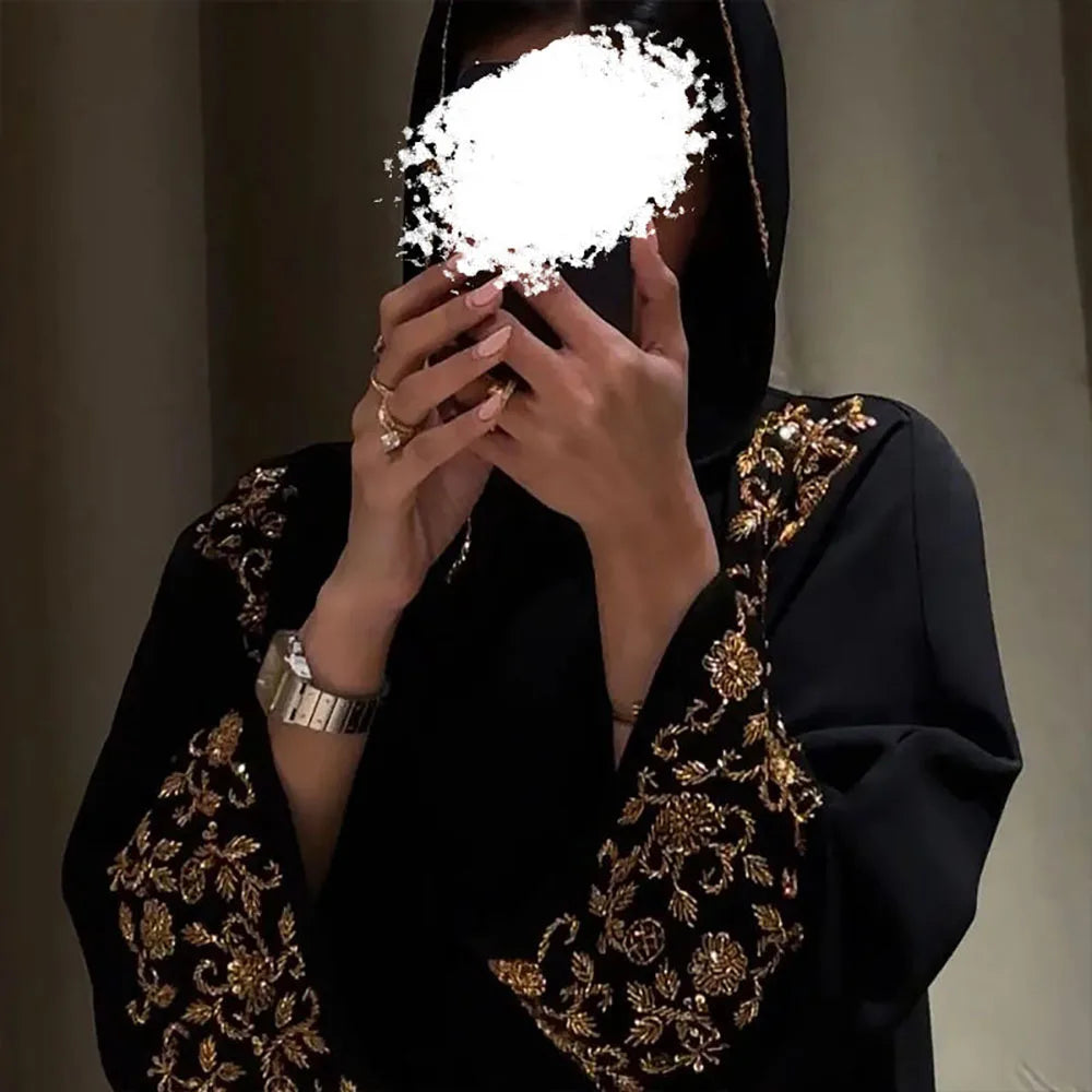 French Gold-Embellished Beaded Open Abaya
