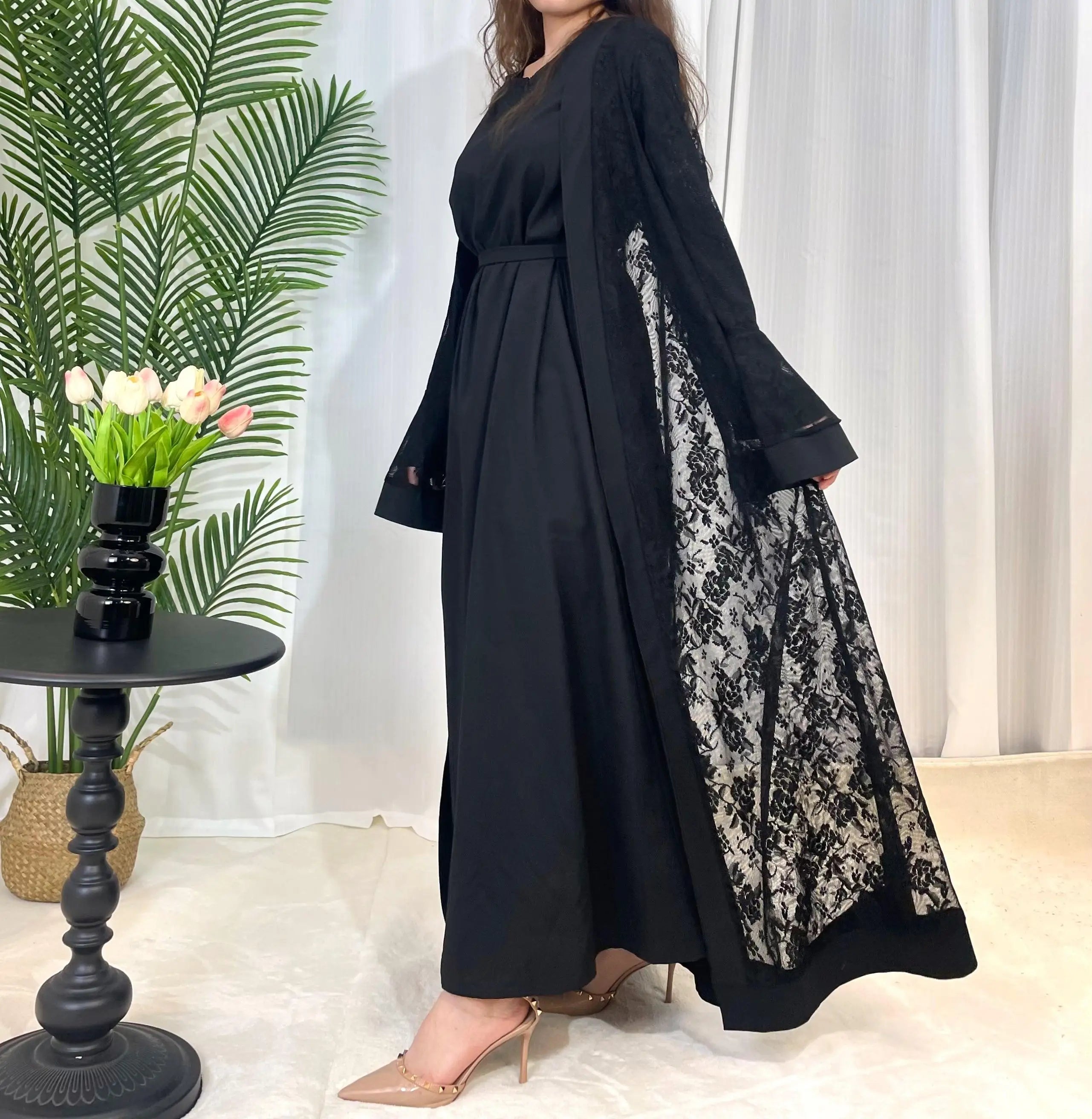 Lace Abaya Two-Piece Inner Dress & Cardigan Set