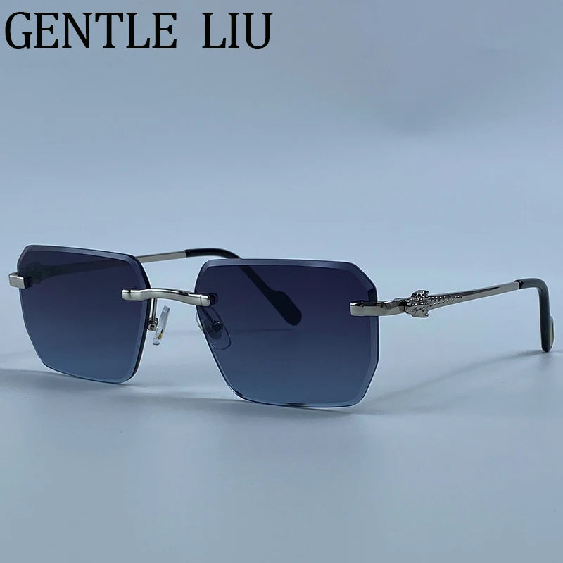 Geometric Square Rimless Sunglasses Women 2026 Luxury Designer Steampunk Leopard Head Metal Sun Glasses Ladies Shades Eyewear