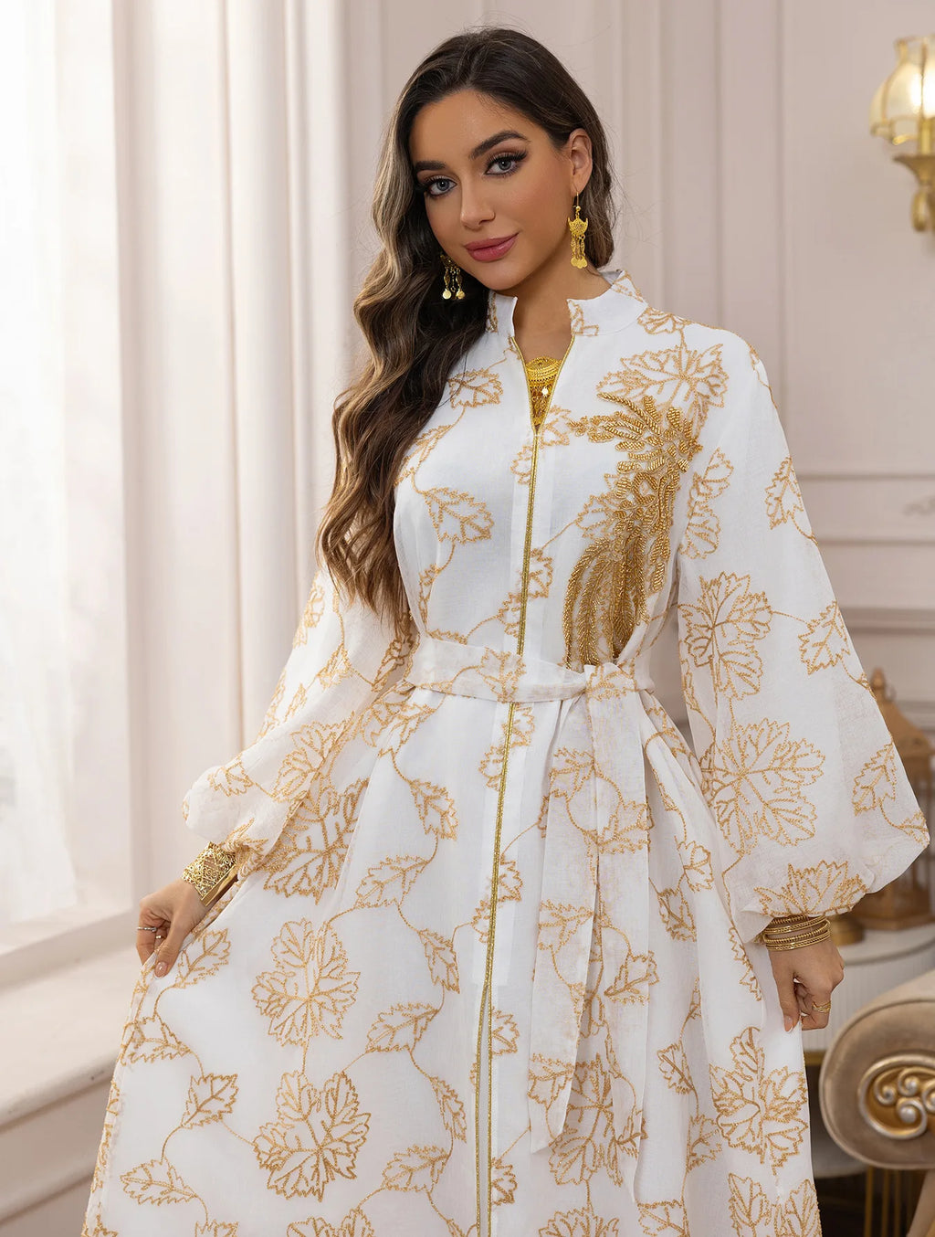 White Gold Floral Embroidered Belted Abaya