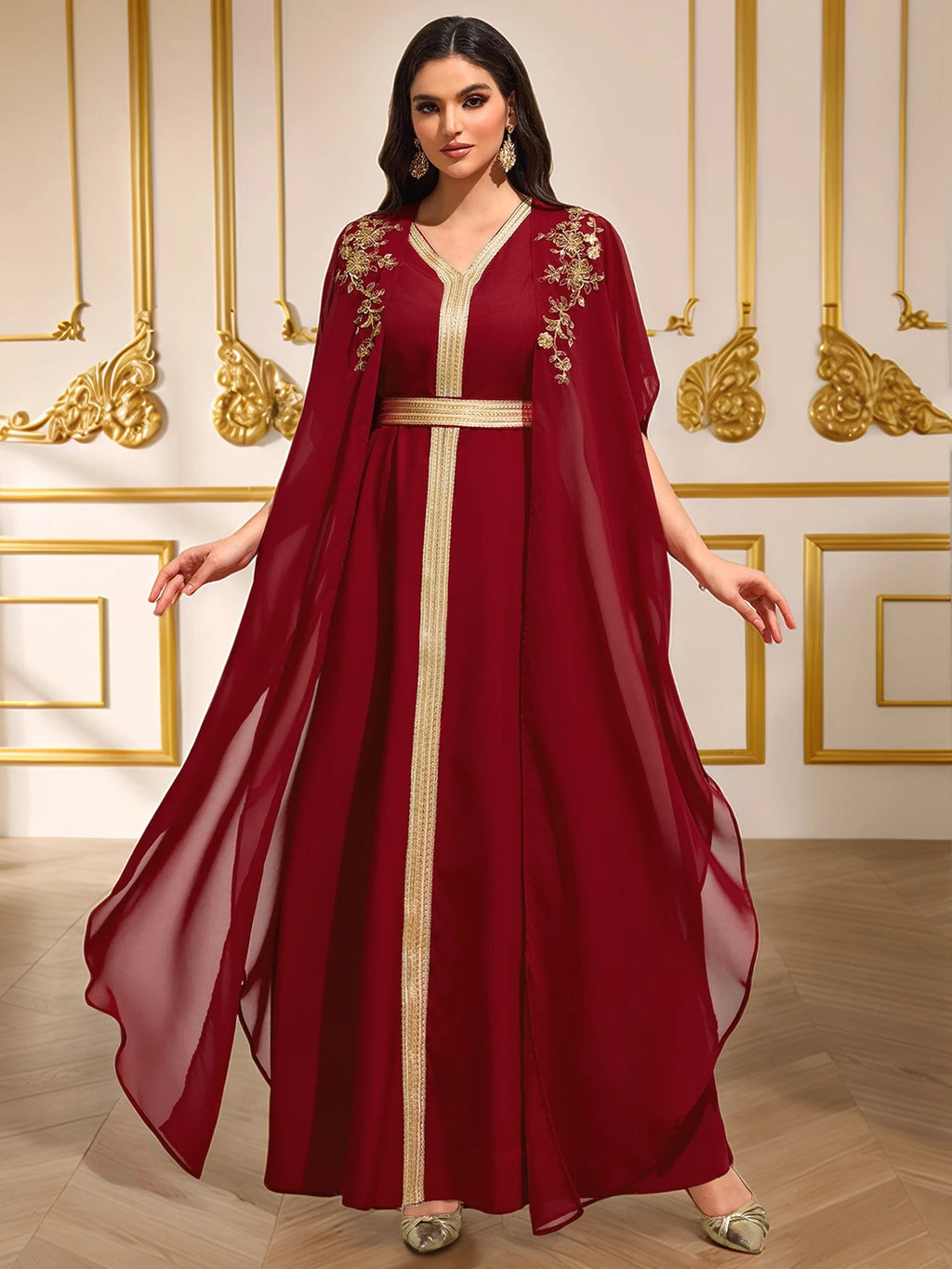Burgundy Gold-Embroidered Cape-Sleeve Abaya Gown