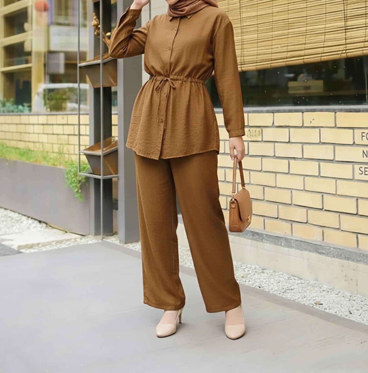 Shirts Suit Women Eid Shirt Wide Leg Pants 2 Piece Set Muslim Morocco Top Trousers Outfits Drawstring Ramadan Dubai Ensemble