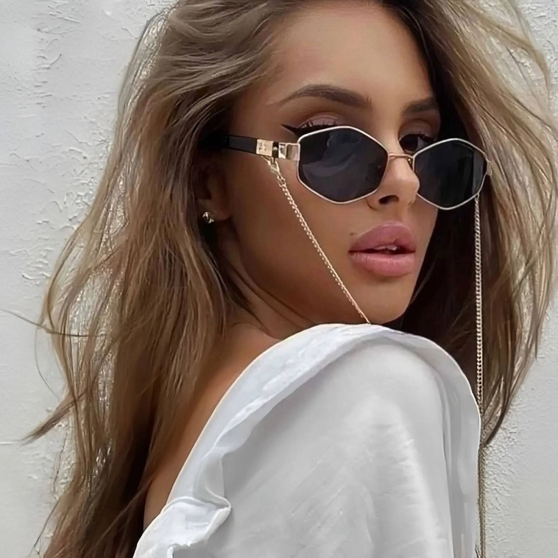 Fashionable Polygonal Metal Sunglasses For Women, Retro Personalized Street Style Sunglasses, Outdoor Casual Chain Sunglasses