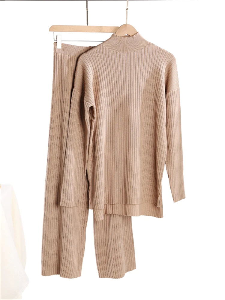 Women's Knit 2-Piece Set – High-Waist Wide-Leg Pants