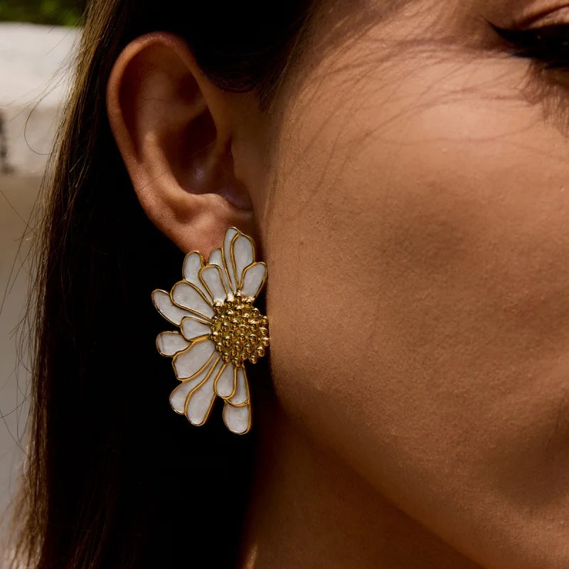 White Pink Metal Petal Flower Stud Earrings