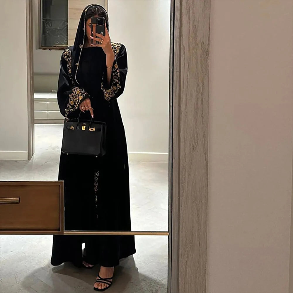 French Gold-Embellished Beaded Open Abaya