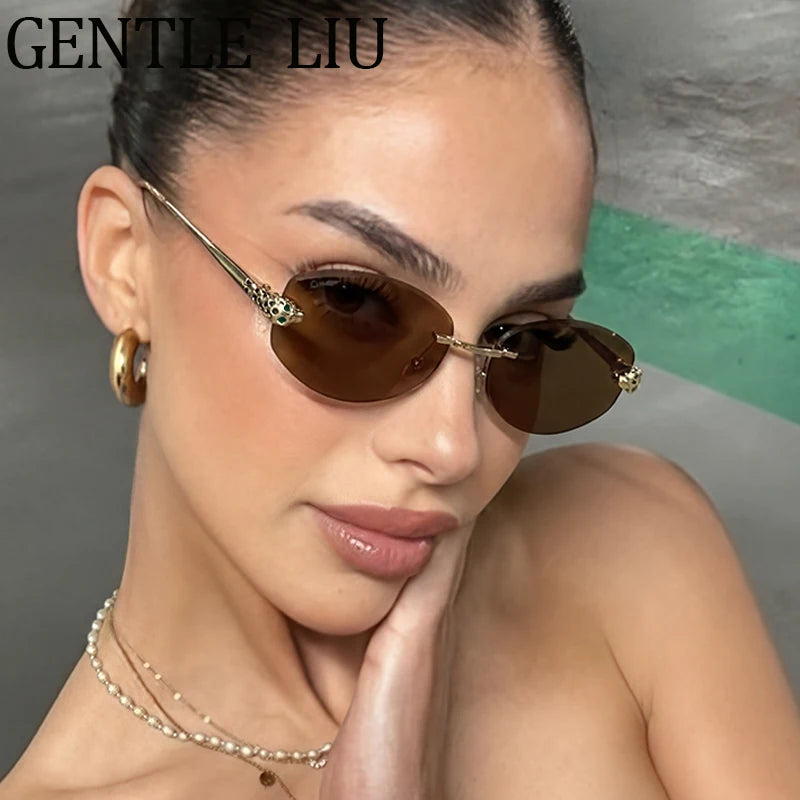 Vintage Hexagon Rimless Sunglasses Women 2026 Luxury Brand Trendy Gold Leopard Head Y2K Punk Sun Glasses Travelling Eyewear