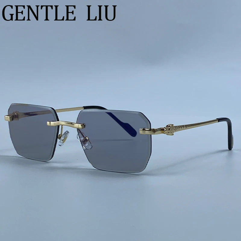 Geometric Square Rimless Sunglasses Women 2026 Luxury Designer Steampunk Leopard Head Metal Sun Glasses Ladies Shades Eyewear