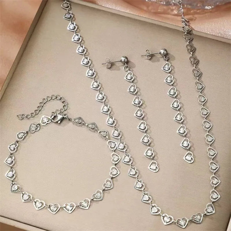 Gold Heart Necklace Bracelet & Earrings Set