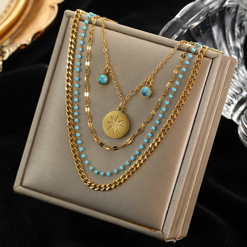 Green Stone Multilayer Pendant Necklace