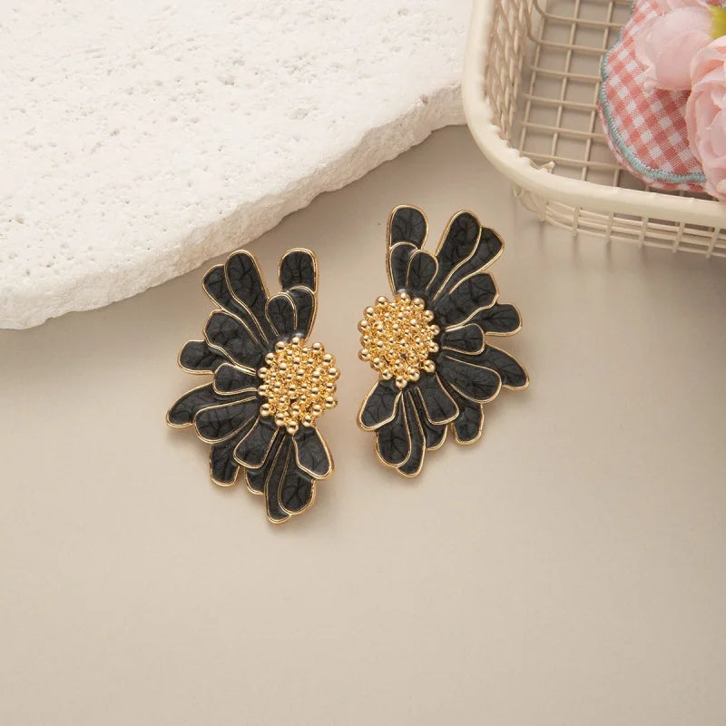 White Pink Metal Petal Flower Stud Earrings