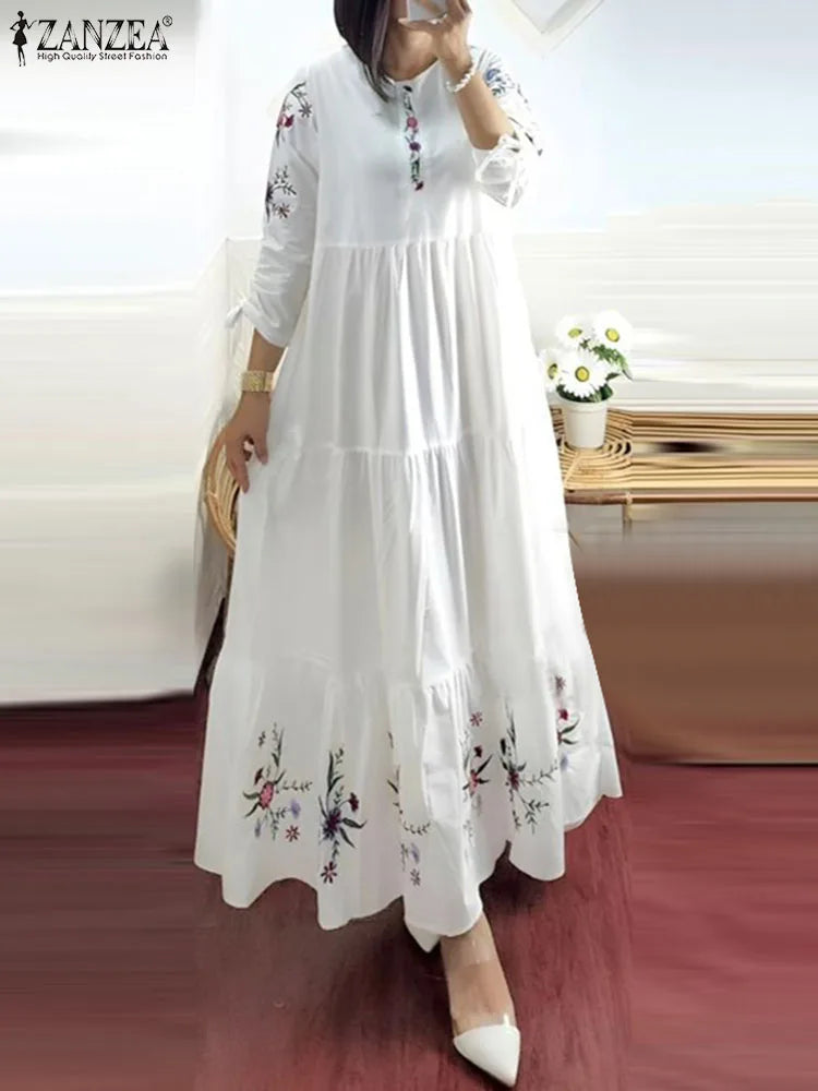 Floral Print 3/4 Sleeve Loose Kaftan Maxi Dress
