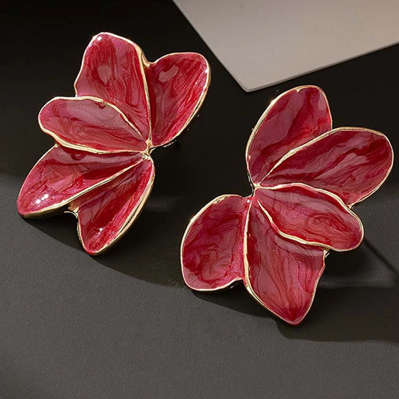 Red Enamel Flower Petal Stud Earrings