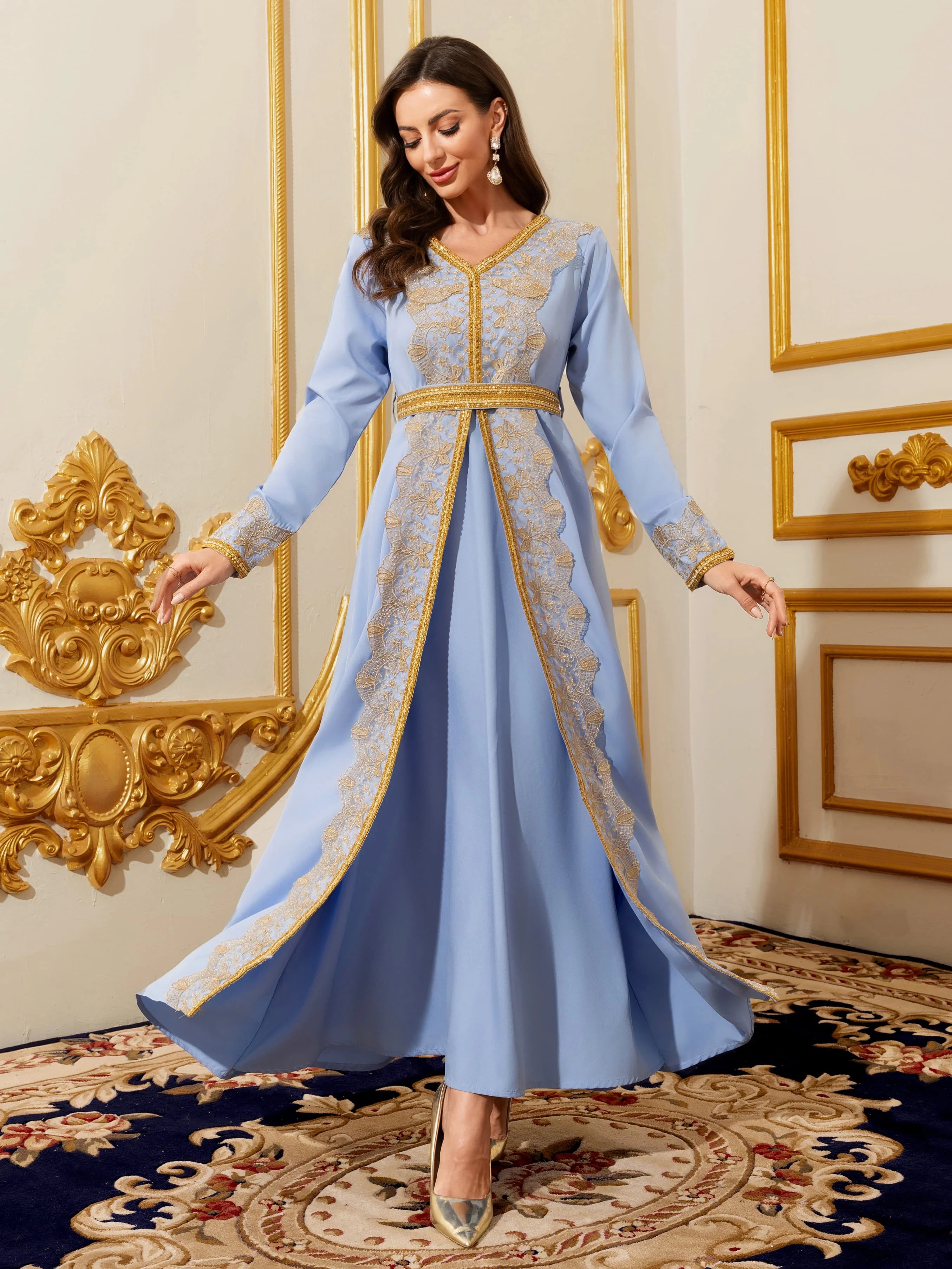 Gold Embroidery V-Neck Muslim Kaftan Maxi Dress