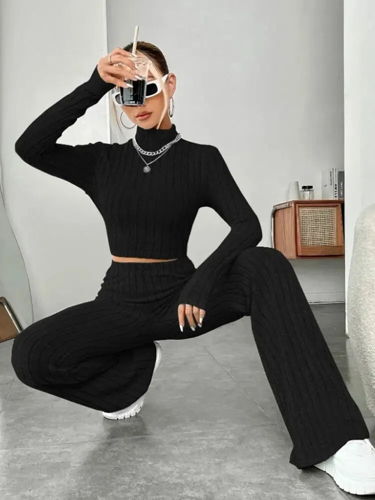 Stand Collar Crop Top & Flared Pants Set
