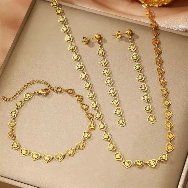 Gold Heart Necklace Bracelet & Earrings Set