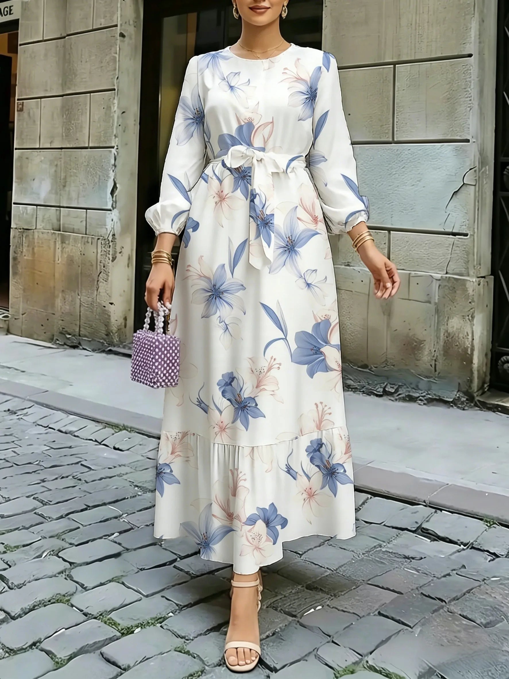 Floral Lantern Sleeve Long-Sleeve Maxi Dress