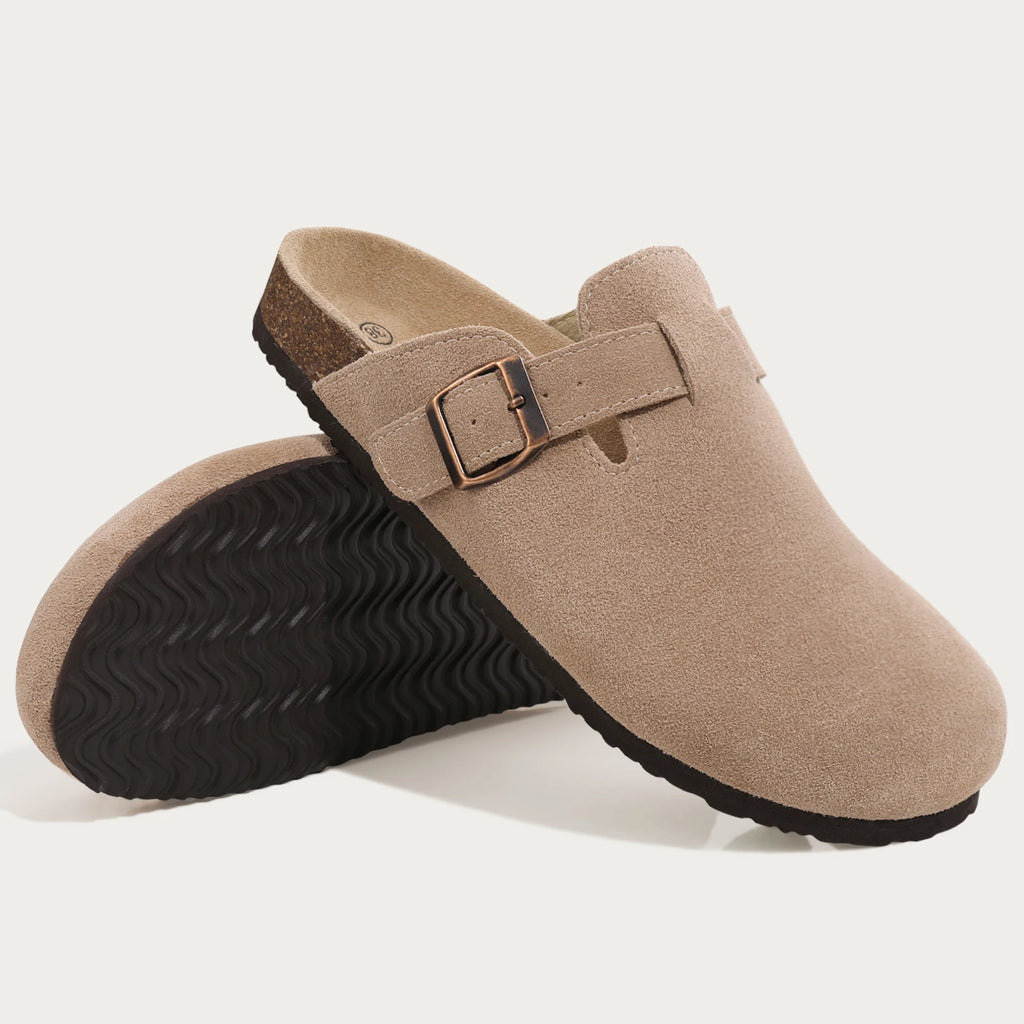 Women's Cork Mules – Suede-Look Slip-On Clogs with Buckle