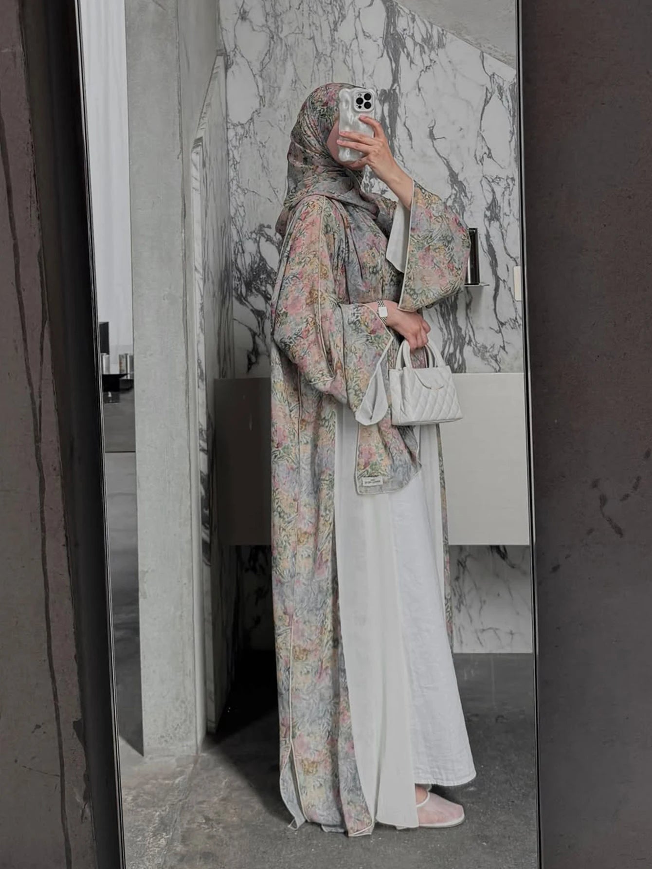 Floral Print Cardigan Abaya with Headscarf