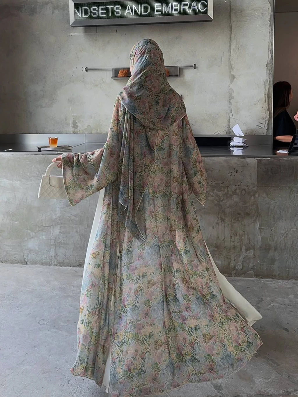 Floral Print Cardigan Abaya with Headscarf